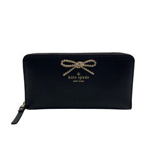 Kate Spade Black Leather Braided Ribbon Long Zip Around Wallet